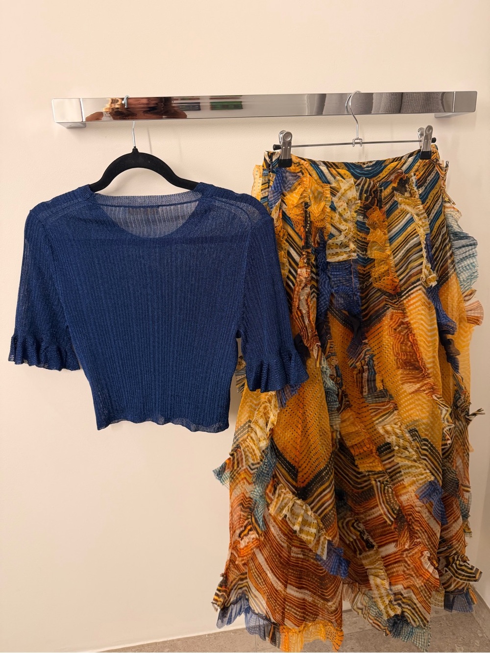 Ulla Johnson Knit Patti Top with Dahlia Multicolored Silk Ruffled Maxi Skirt